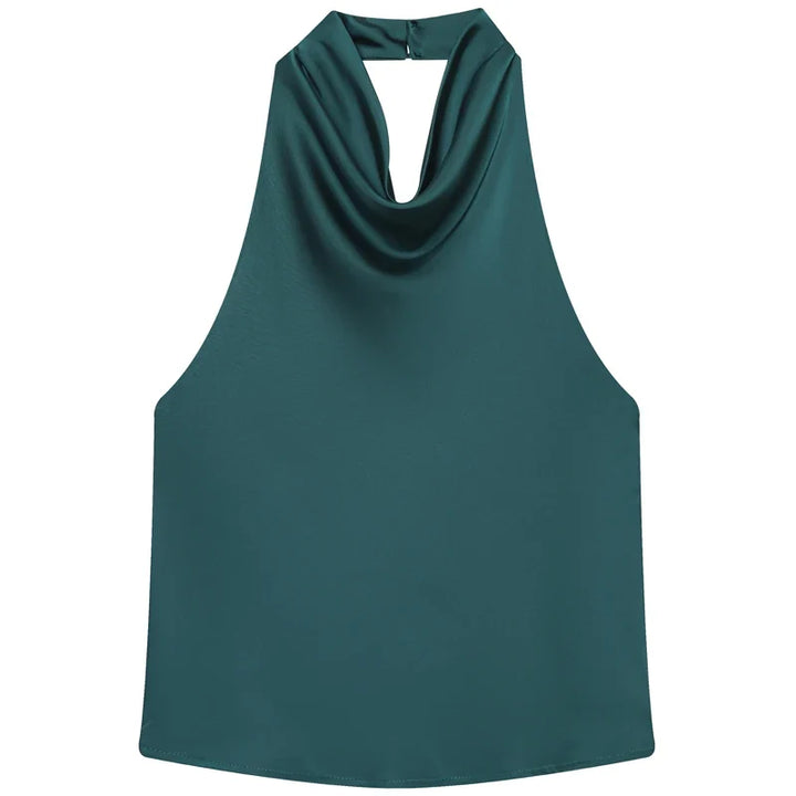Damski top halter z wyrafinowanym, drapowanym dekoltem. Ponadczasowy styl bez rękawów.