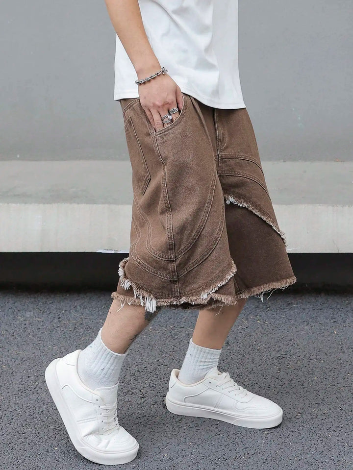 Męskie szorty oversize, brązowe, warstwowe, swobodny styl uliczny, idealne na letnie dni.