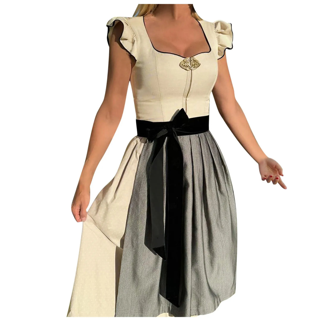 Sukienka damska na Oktoberfest, długa do połowy łydki, z patchworkowym wykończeniem i długimi rękawami.