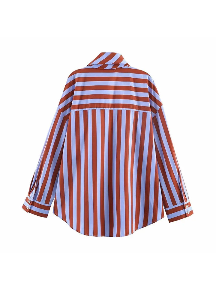 Stylowa damska koszula z luźnym krojem w paski, ozdobna kokarda, brązowa, dla komfortu i elegancji.