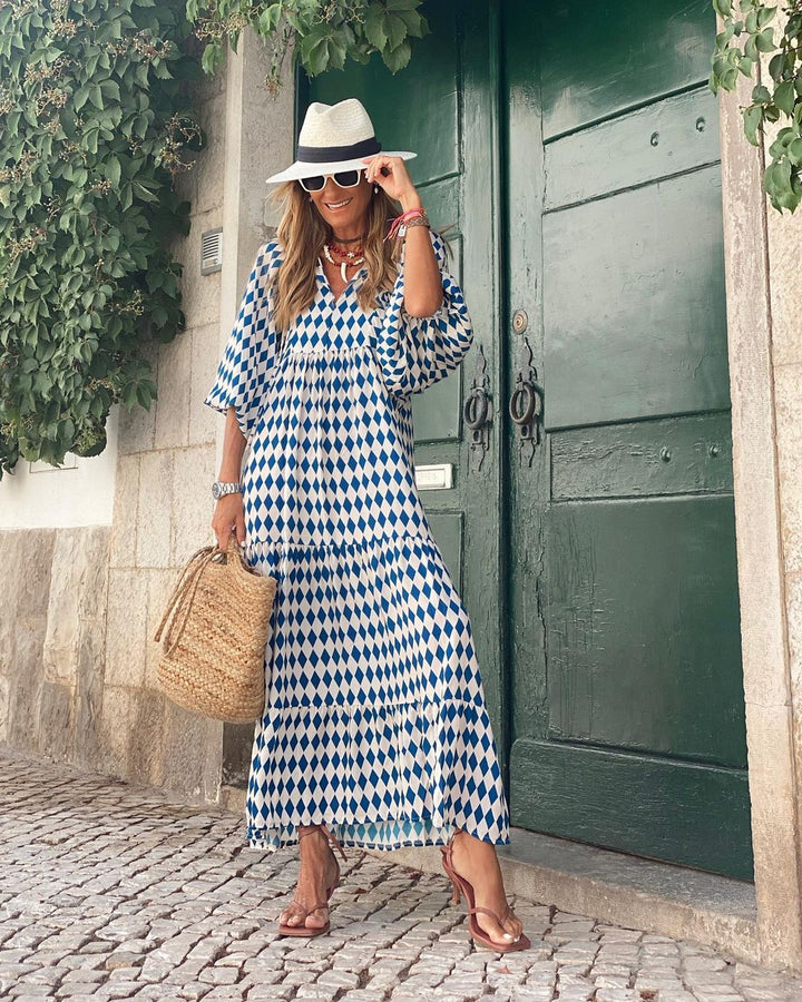 Idealna na lato damska sukienka boho maxi oversize z długim rękawem, swobodny styl.