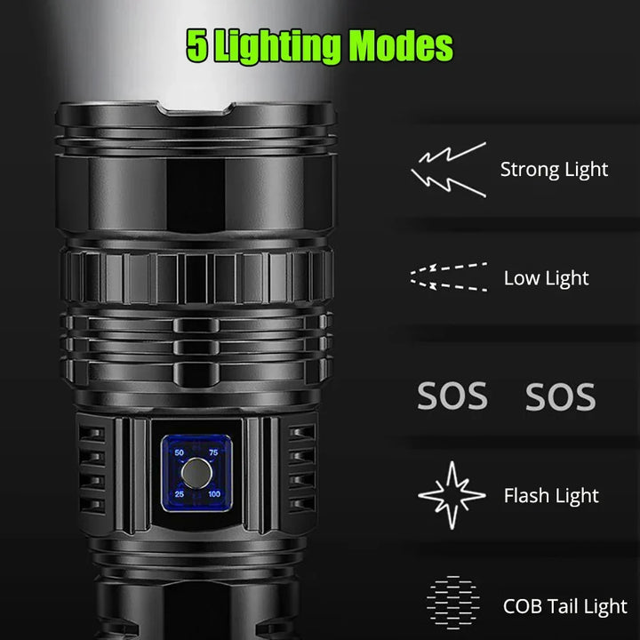 Latarka LED Striker 10000 lm z powerbankiem. Awaryjne oświetlenie i ładowanie USB na wyprawy i do domu.