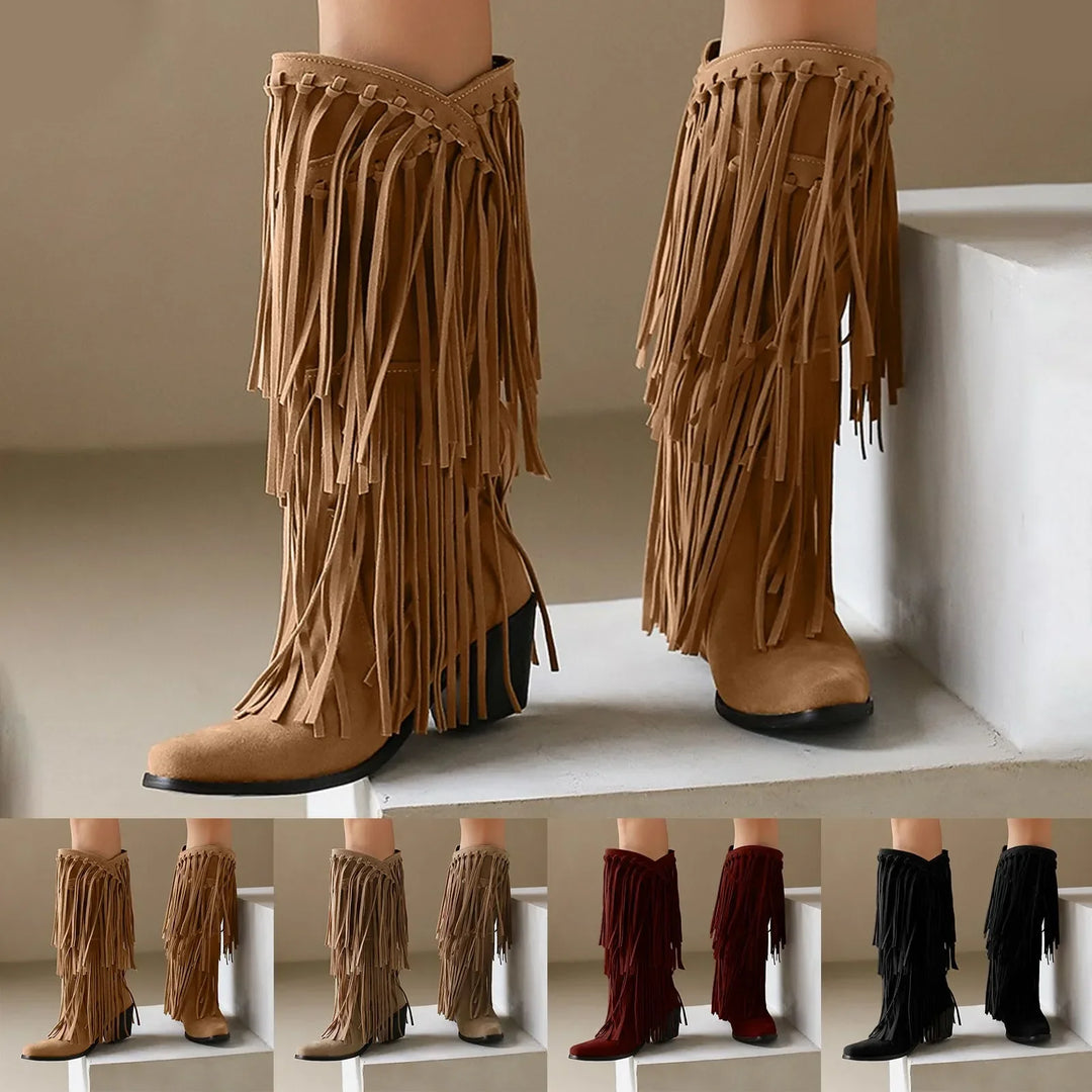 Czarne damskie buty kowbojskie z frędzlami. Eleganckie, welurowe, wysokie. Idealne na jesień/wiosnę.
