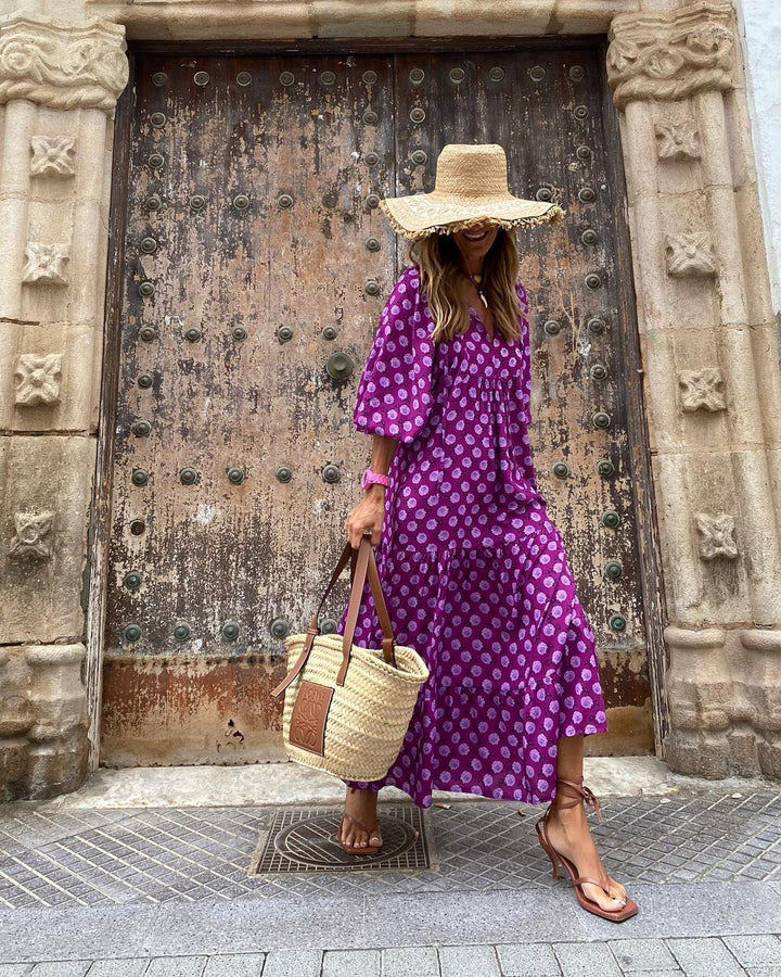 Damska letnia sukienka boho maxi z długim rękawem, luźny oversize, modny styl.