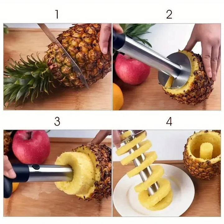 Ergonomiczna krajalnica do ananasa, z wygodnym uchwytem ze stali nierdzewnej, bezpieczna w kuchni.
