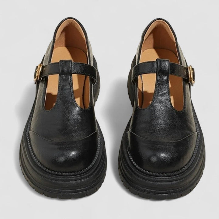 Czarne damskie buty Mary Jane Bronte. Modne obuwie na platformie w stylu vintage z wygodnym paskiem T.