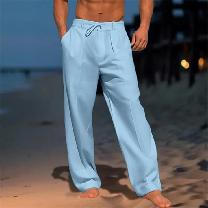 Męskie spodnie lniane, smart casual, z naturalnego, oddychającego materiału, must-have na eleganckie letnie stylizacje.
