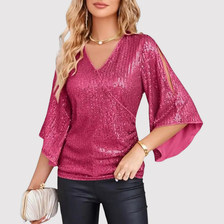 Elegancki cekinowy top damski z modnymi dzwonkowymi rękawami, idealny na wieczór i imprezy. Bluzka glamour.