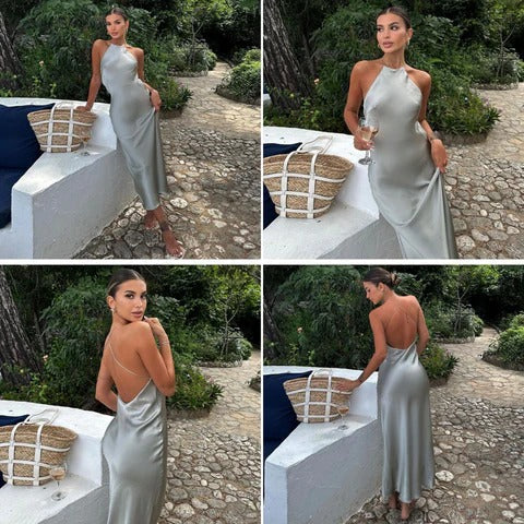 Damska elegancka sukienka maxi, kopertowa, z odkrytymi plecami, pięknie podkreślająca kobiecą figurę.