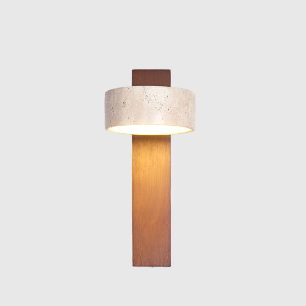 Minimalistyczna lampa ścienna LED z kamienia trawertynowego i drewna, naturalny akcent w nowoczesnym domu.