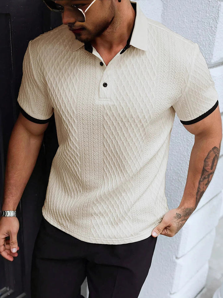 Męska koszulka polo żakardowa z bawełny. Elegancka, przewiewna, krótki rękaw. Idealna na lato, smart casual.