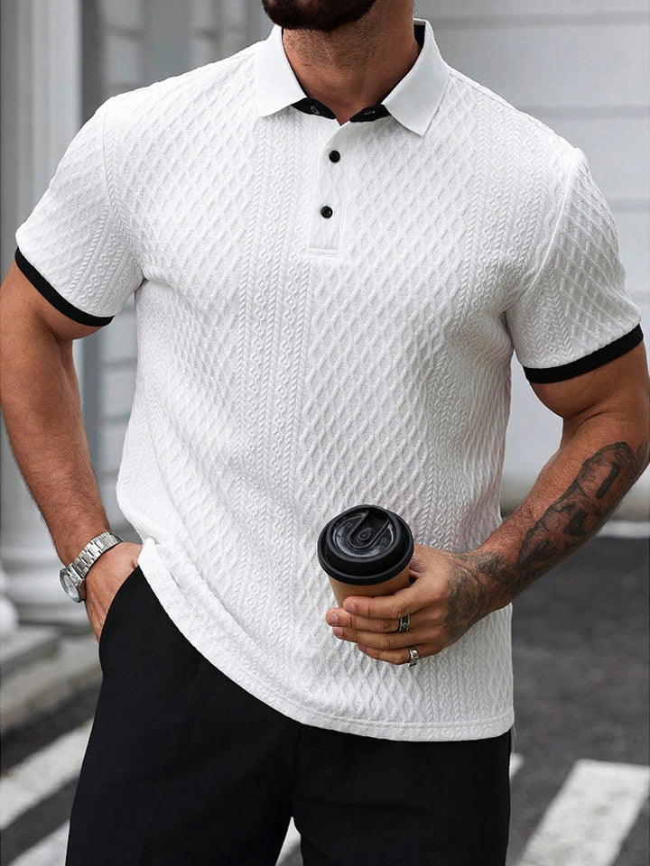 Męska koszulka polo smart casual, żakardowa, z bawełny. Elegancka, krótki rękaw, idealna na lato.
