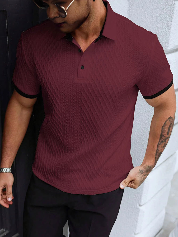 Męska koszulka polo smart casual, żakardowa. Bawełniana, krótki rękaw, na lato. Idealna do pracy.