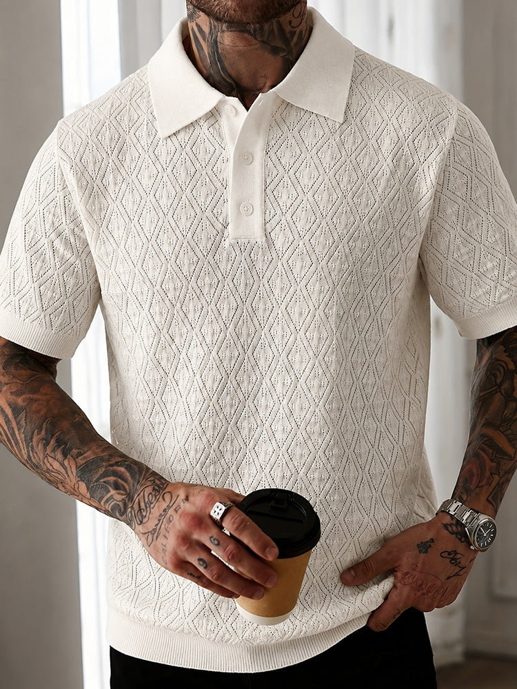 Męska koszulka polo ażurowa z żakardem, idealna na biznes casual. Elegancka i przewiewna na lato.