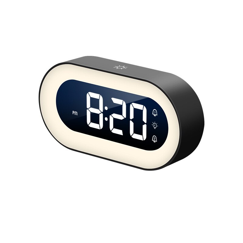 Kompaktowy, nowoczesny budzik cyfrowy LED z podświetleniem nocnym. Akumulatorowy zegar mobilny do sypialni i biura.