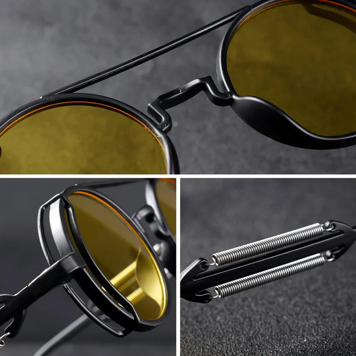 Okrągłe męskie okulary steampunk vintage. Metalowe, z ochroną UV400. Idealny dodatek na lato, styl retro.