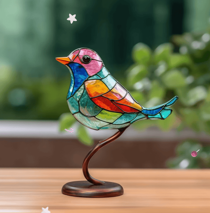 Kolorowy szklany ornament ptak, witrażowa dekoracja do domu i ogrodu. Unikatowy dodatek do wnętrz, idealny prezent.