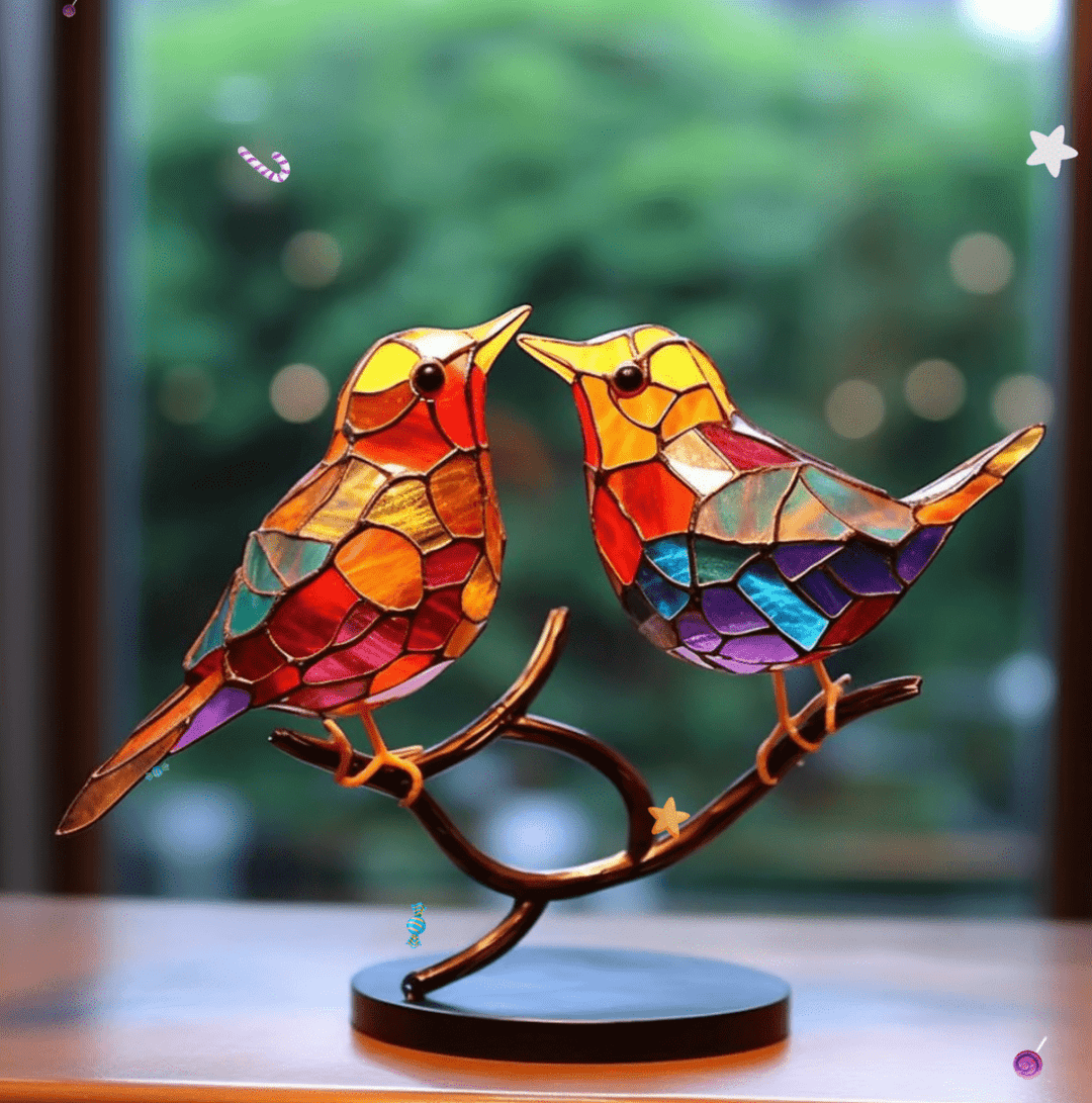 Ręcznie wykonana szklana figurka ptaka, barwny ornament do wnętrz i ogrodu. Symboliczna sztuka witrażowa na prezent.