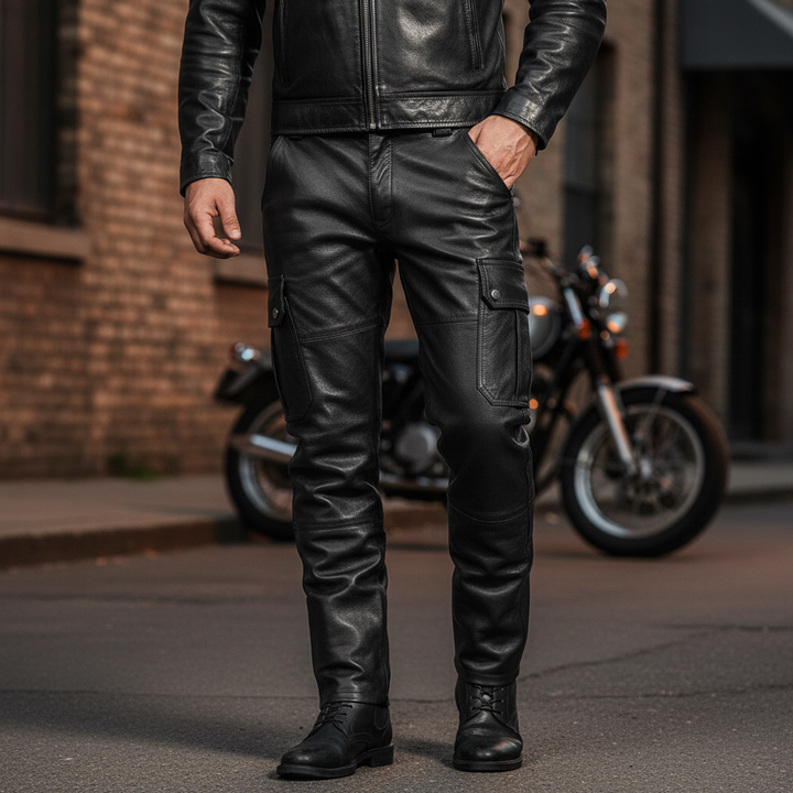 Męskie wąskie spodnie motocyklowe slim fit Daryl. Dopasowane spodnie skórzane dla motocyklisty, styl rockowy.