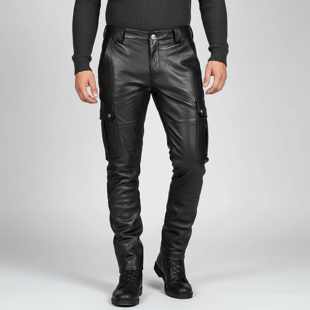 Rockowe, męskie spodnie skórzane Daryl. Dopasowane, wąskie spodnie motocyklowe w stylu ulicznym, wysoki komfort.
