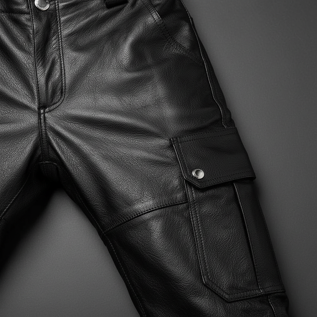 Stylowe męskie spodnie motocyklowe Daryl, idealne do casualowych stylizacji. Wąskie, skórzane spodnie slim fit.