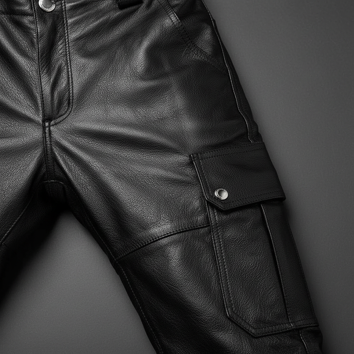 Stylowe męskie spodnie motocyklowe Daryl, idealne do casualowych stylizacji. Wąskie, skórzane spodnie slim fit.