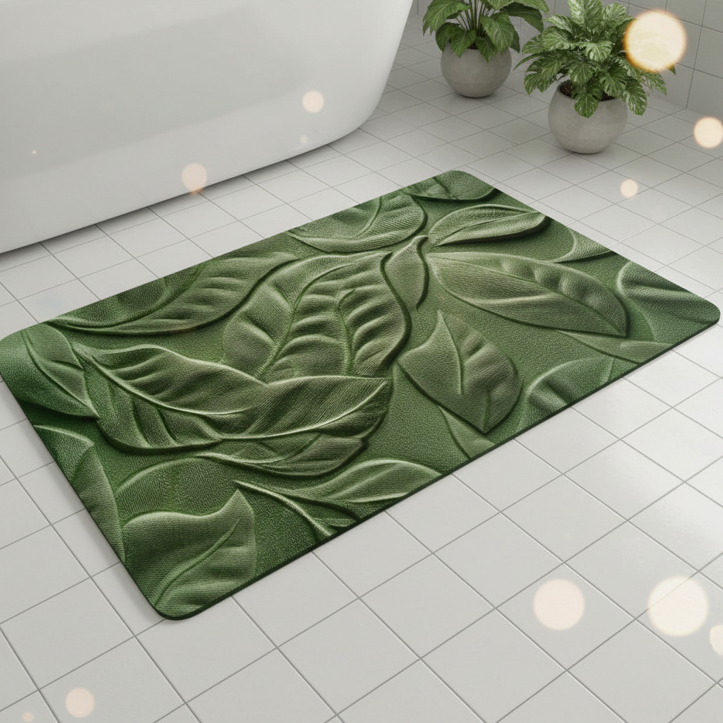 Szybkoschnąca mata łazienkowa LeafMat z eleganckim wzorem liści. Antypoślizgowa, komfortowa i nowoczesna.