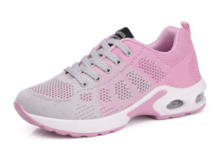 Różowe buty sportowe damskie, lekkie, z amortyzacją, do fitnessu i codziennego użytku.