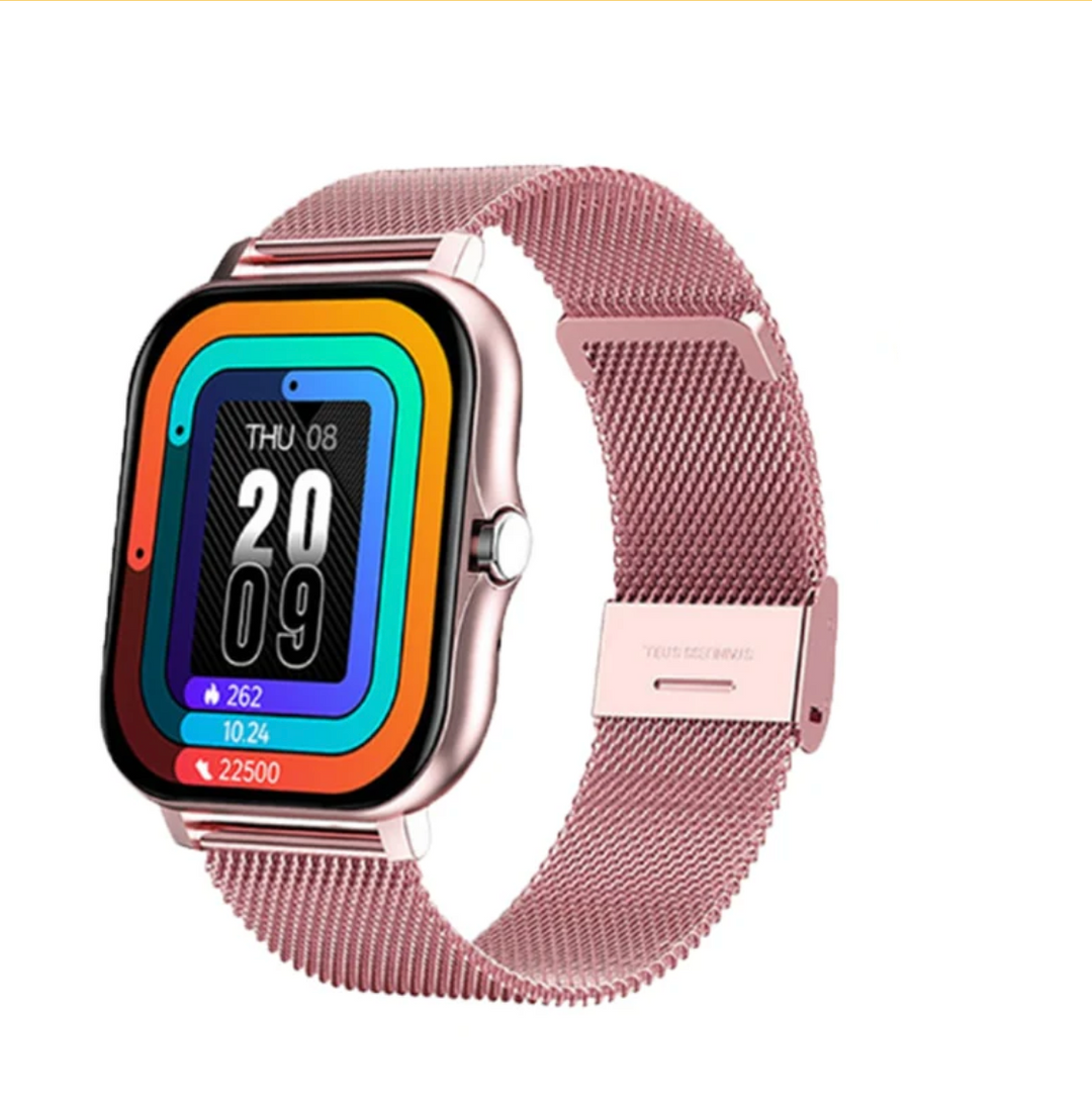 Smartwatch damski z jasnym ekranem, wyświetlający powiadomienia, dane zdrowotne i zegar. Elegancki.