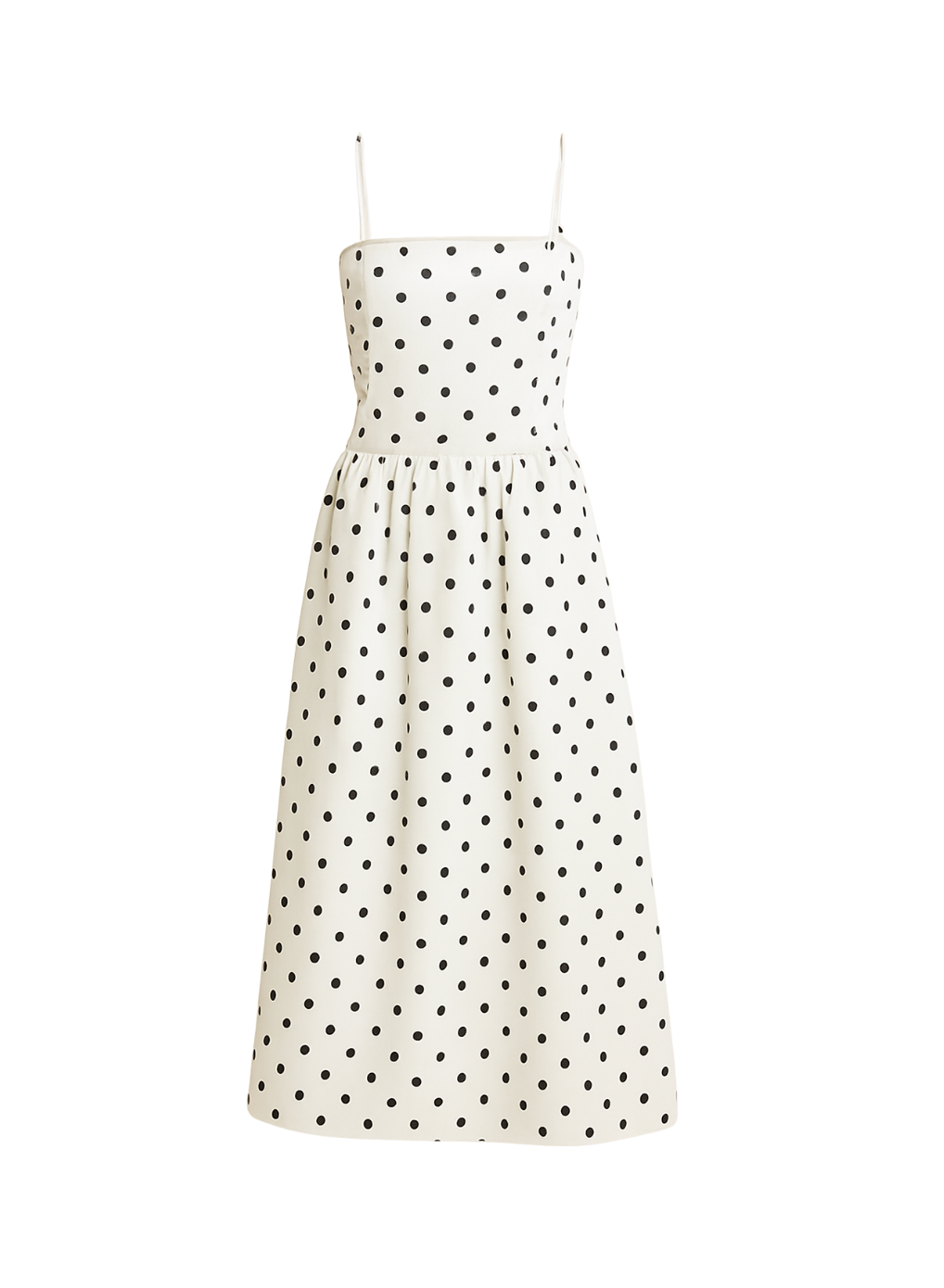 Lekka damska sukienka midi w kropki z ramiączkami. Casualowa elegancja w stylu retro, fason A-linii.