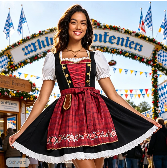 Czerwona sukienka dirndl midi dla kobiet, idealna na Oktoberfest i bawarskie uroczystości.