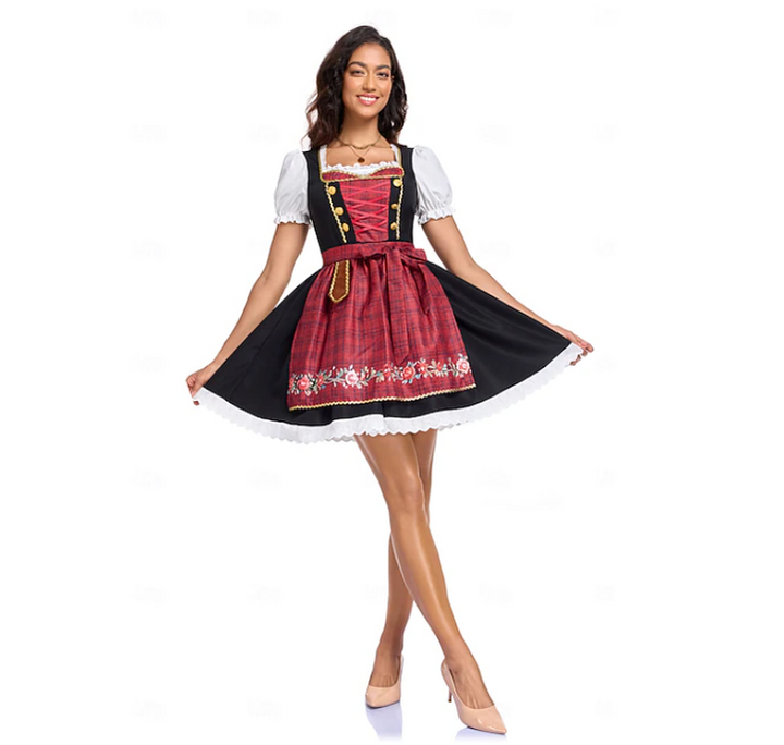 Klasyczna czerwona sukienka dirndl midi z haftami, idealna na festiwal piwa i bawarskie imprezy.