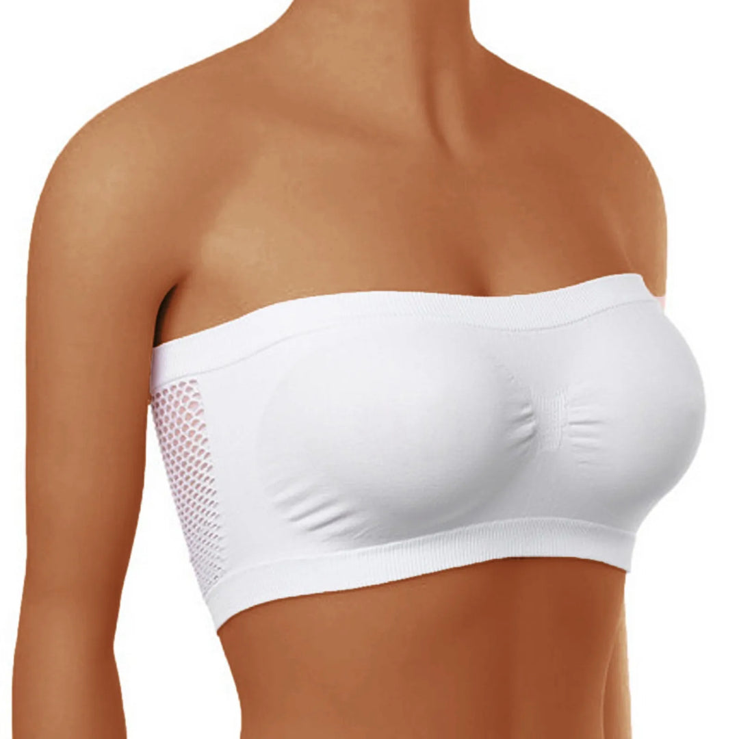 Elegancki biustonosz bandeau damski z ozdobną siateczką na plecach. Idealny pod letnie kreacje, bez ramiączek.