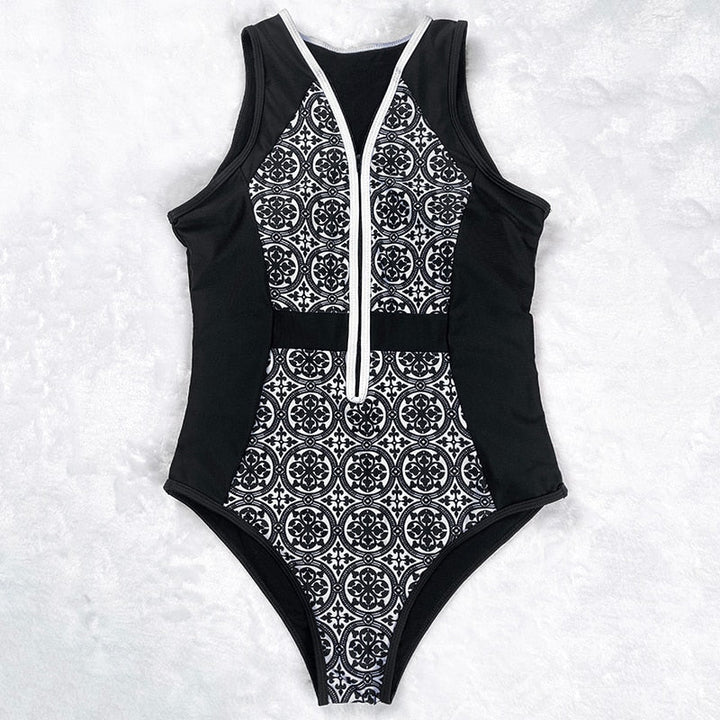 Elegancki i wygodny damski strój kąpielowy jednoczęściowy z zamkiem, do pływania i aktywności wodnych.