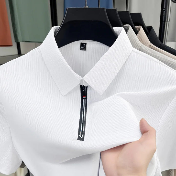 Męska koszulka polo, krótki rękaw, zamek. Casualowy styl, wygoda i elegancja na lato.