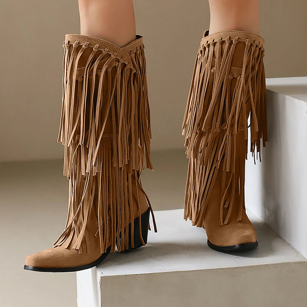 Damskie buty kowbojskie z frędzlami, welurowe, styl boho. Wysokie, idealne na festiwal i wiosnę.