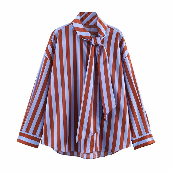 Brązowa damska koszula w paski, luźny krój, z kokardą, elegancka bluzka do stylizacji casualowych.