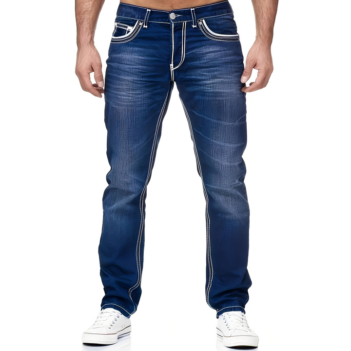 Stylowe męskie jeansy Andy. Wygodne, czarne jeansy z efektem postarzenia do modnych, casualowych outfitów.