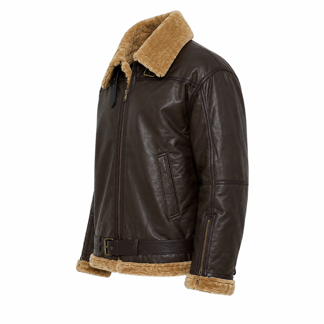 Męska kurtka lotnicza Aviator w detalu, prezentująca wysoką jakość wykonania i modny design.