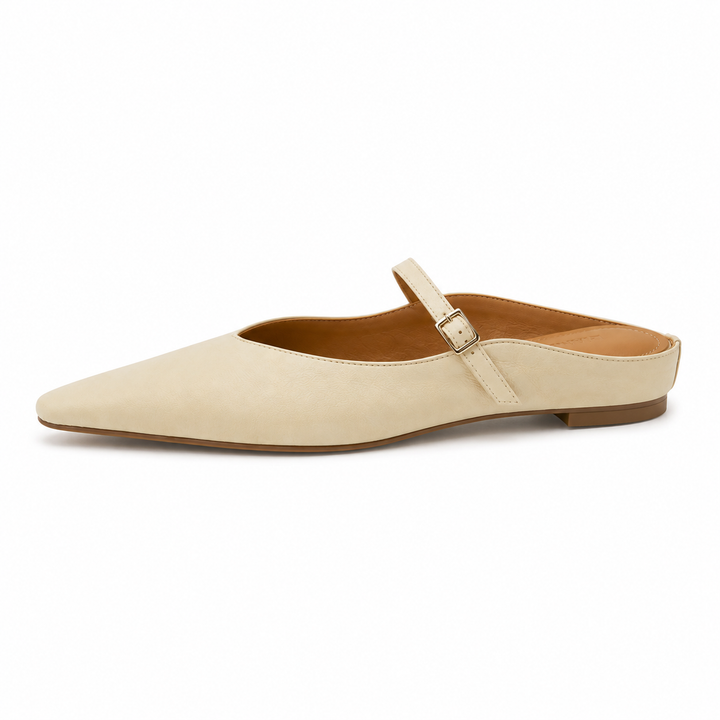Damskie brązowe buty Mary Jane: płaska podeszwa, spiczasty nosek, slip-on. Wygodne i stylowe obuwie na wiosnę i co dzień.