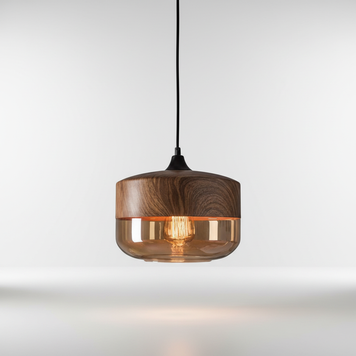 Nowoczesna lampa wisząca ScandiSphere: drewno i szkło, minimalistyczny design, oświetlenie dla każdego domu.
