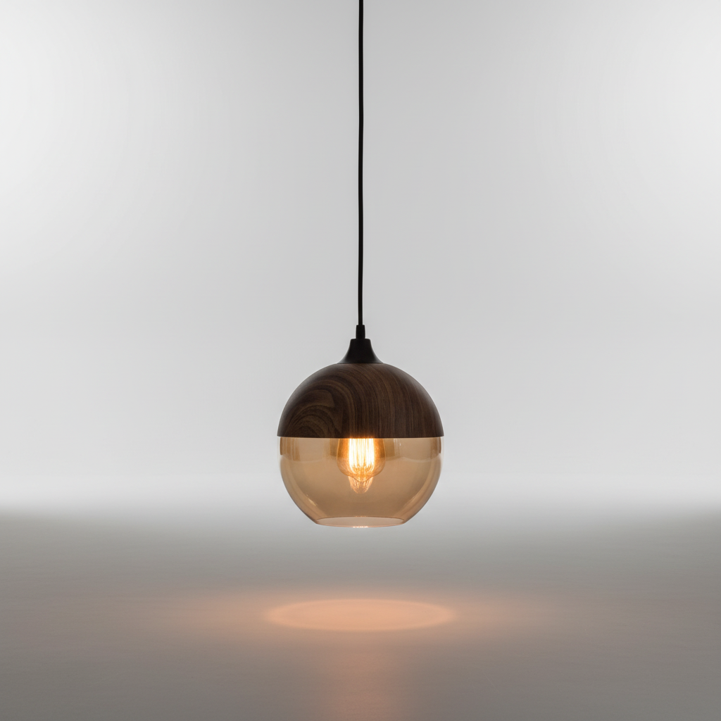 Designerska lampa wisząca ScandiSphere, połączenie naturalnego drewna i eleganckiego szkła do oświetlenia.