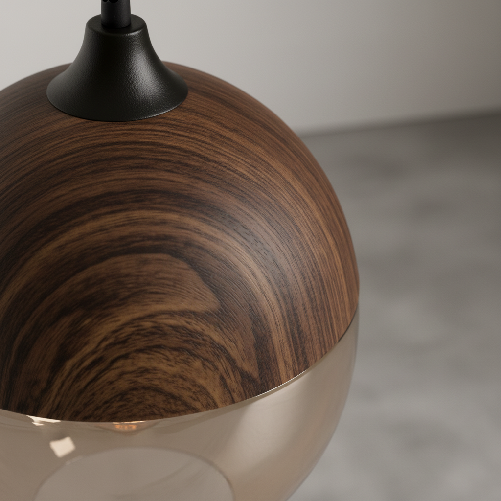Minimalistyczna lampa wisząca ScandiSphere, skandynawskie oświetlenie do domu, drewno i szkło.