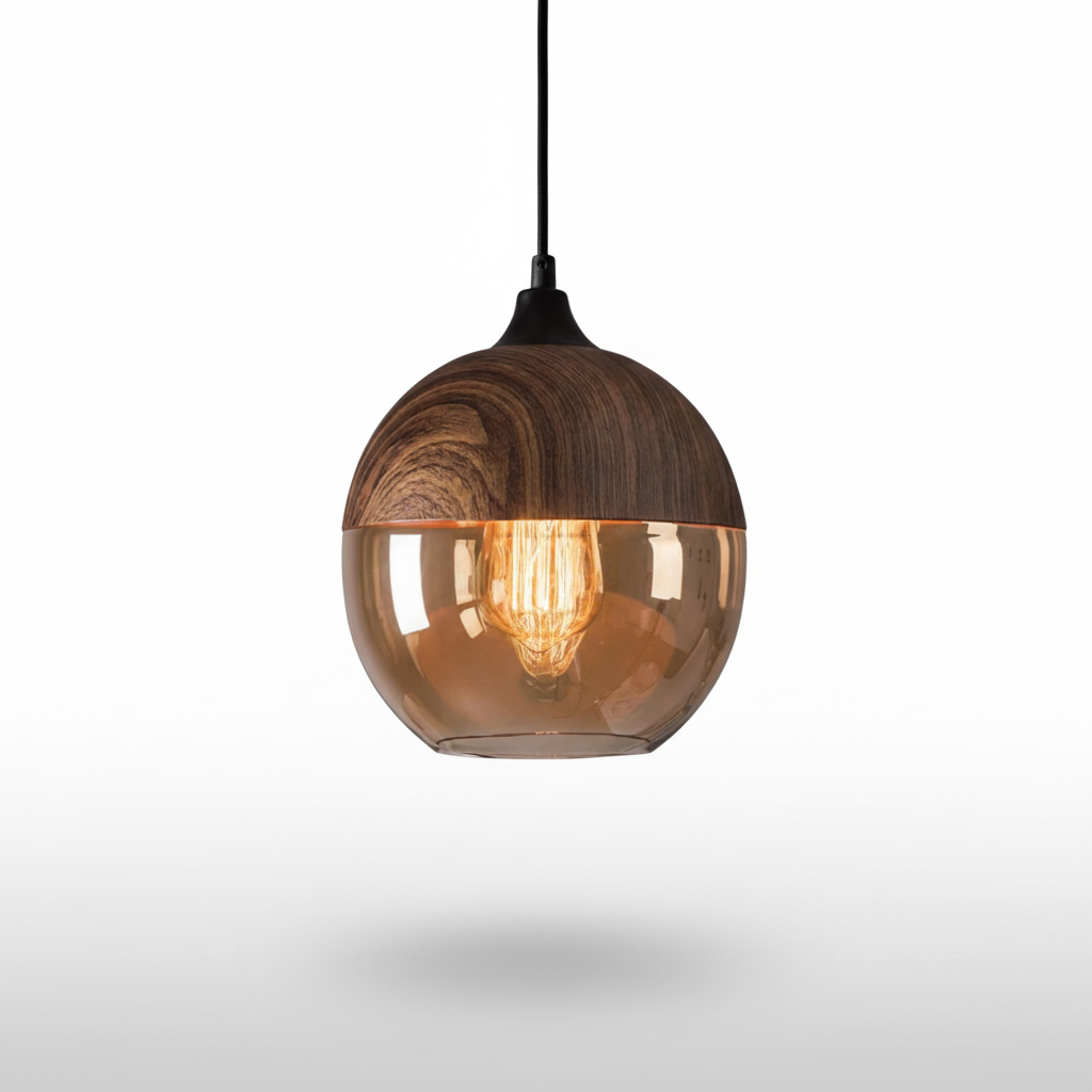 Lampa wisząca drewno-szkło ScandiSphere, nowoczesna i minimalistyczna lampa skandynawska do jadalni.