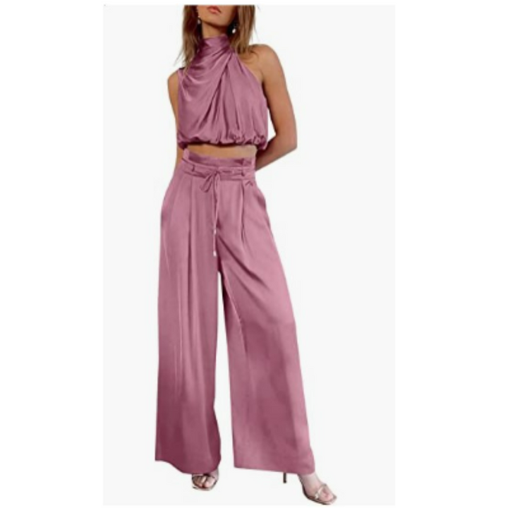 Stylowy kombinezon damski z szerokimi nogawkami, dekoltem halter. Elegancka stylizacja na każdą okazję.