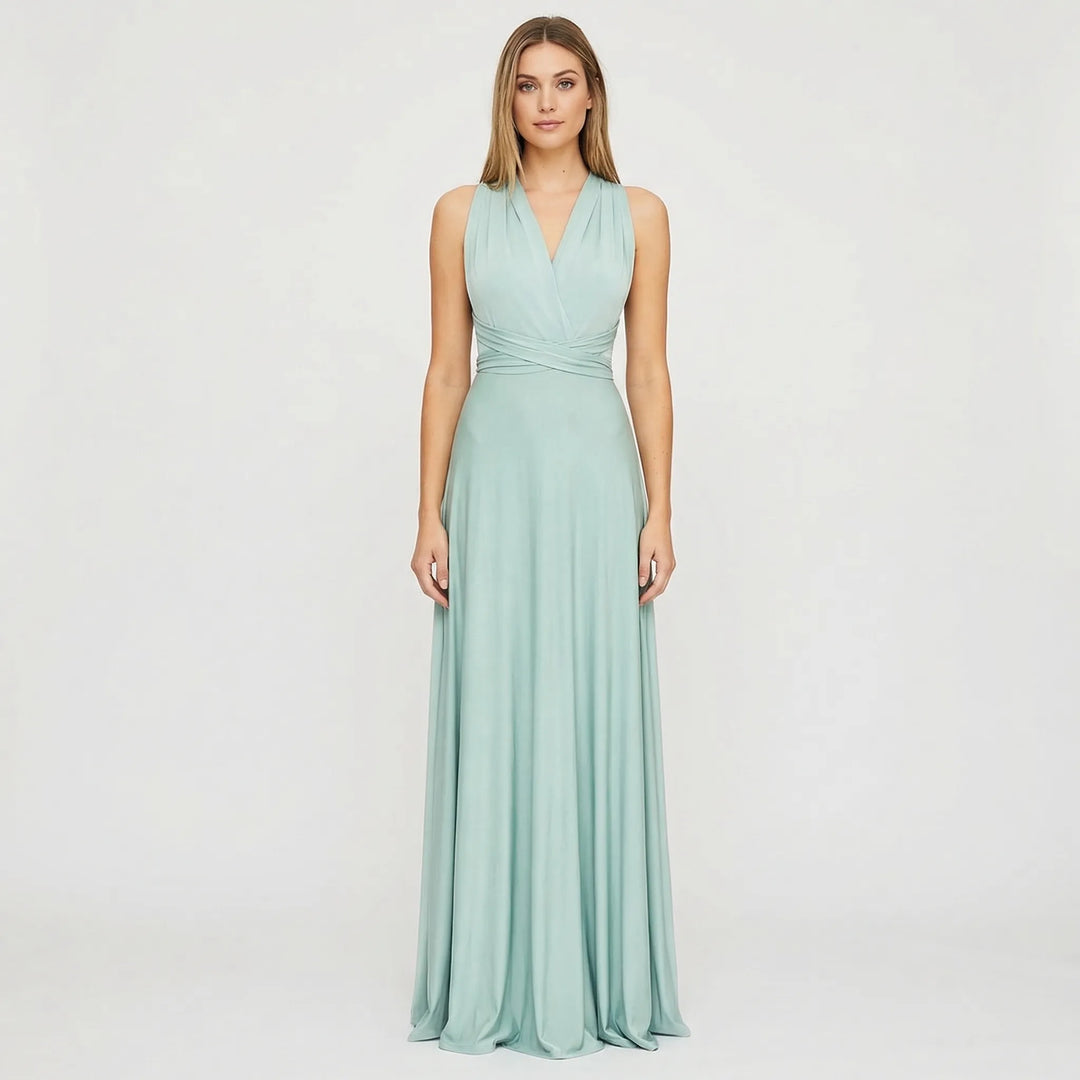 Elegancka sukienka maxi damska Vickie, kopertowa, bez rękawów, idealna na wesele lub imprezę.