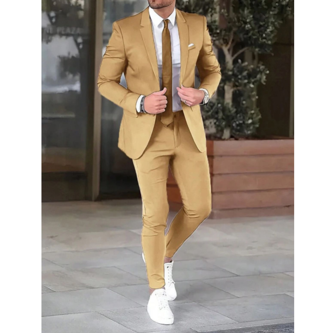 Męski garnitur slim fit Noel. Elegancki i modny, idealny na wesele, biznes lub formalne wydarzenia. Klasyka w nowoczesnym wydaniu.
