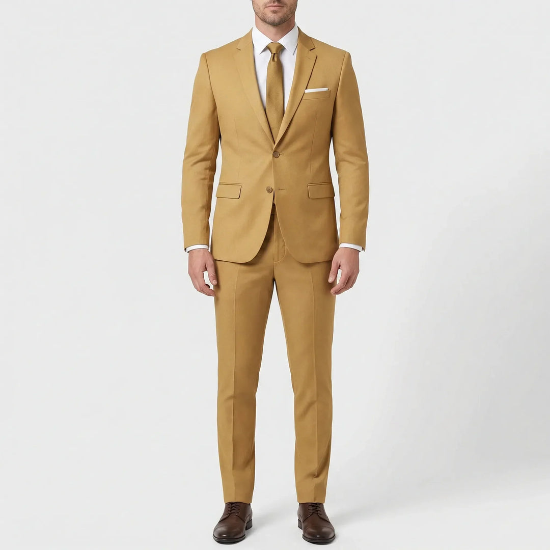 Klasyczny męski garnitur slim fit, dwuczęściowy, do biura i na ślub. Moda męska i styl.