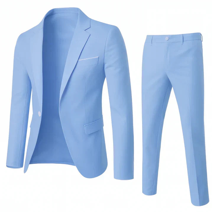 Dwuczęściowy męski garnitur slim fit Noel. Podkreślający sylwetkę, doskonały na ślub, bankiet i spotkania biznesowe.