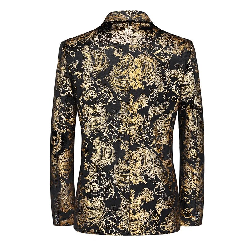 Elegancka męska marynarka slim fit ze wzorem, idealna jako złota lub srebrna marynarka na imprezę i wizytę.